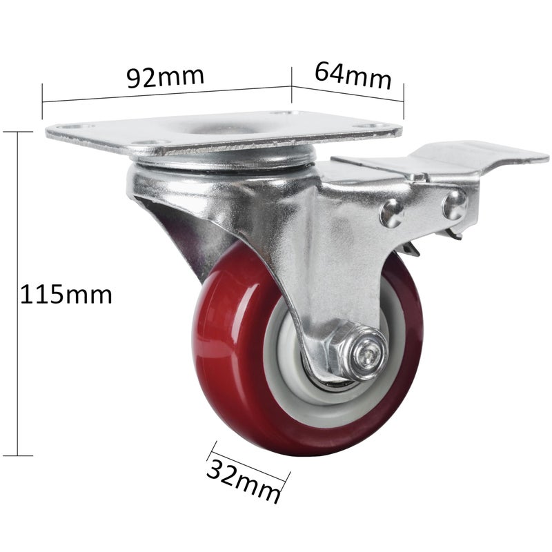 Finnhomy 3 Inch Caster Wheels Set of 4 with Brake Heavy Duty Plate Swivel Casters Premium Polyurethane Wheels PU Load Bearing 2,200 Lbs Lockable Anti-wear Smooth Casters Red - Image 3
